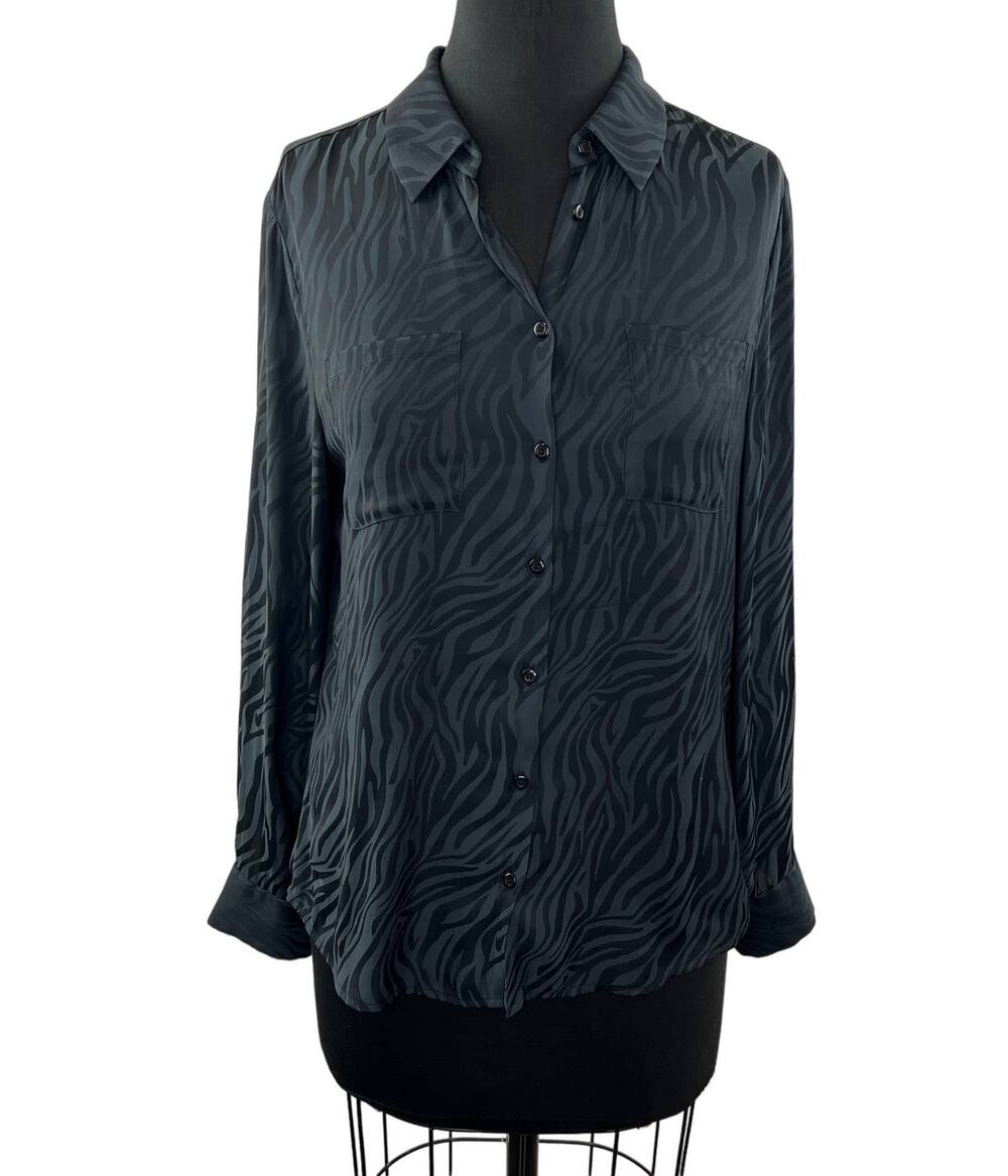David Lerner EVEREVE Black S Top Zebra Print Button Up Collared Long Sleeve Fit